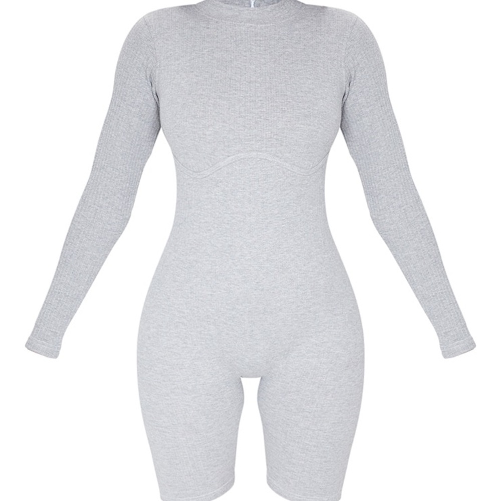 Grey ribbed long-sleeve playsuit - Picture 2 of 6